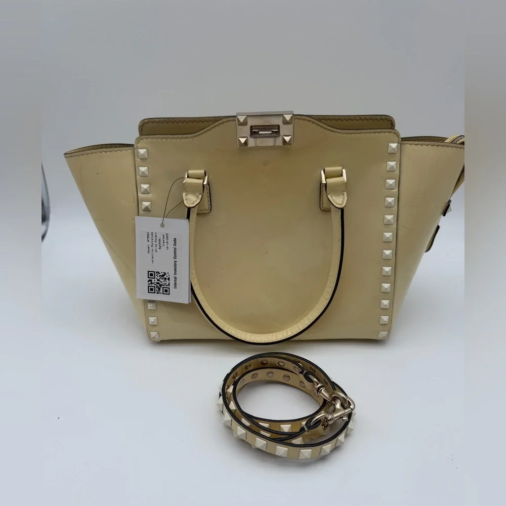 Valentino Garavani Rockstud Patent‎ Leather Satchel Cream – Authentic
